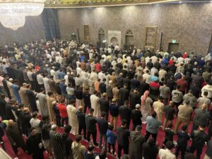 Men in mosque stand in rows, facing toward away from the camera, so only backs are visible.